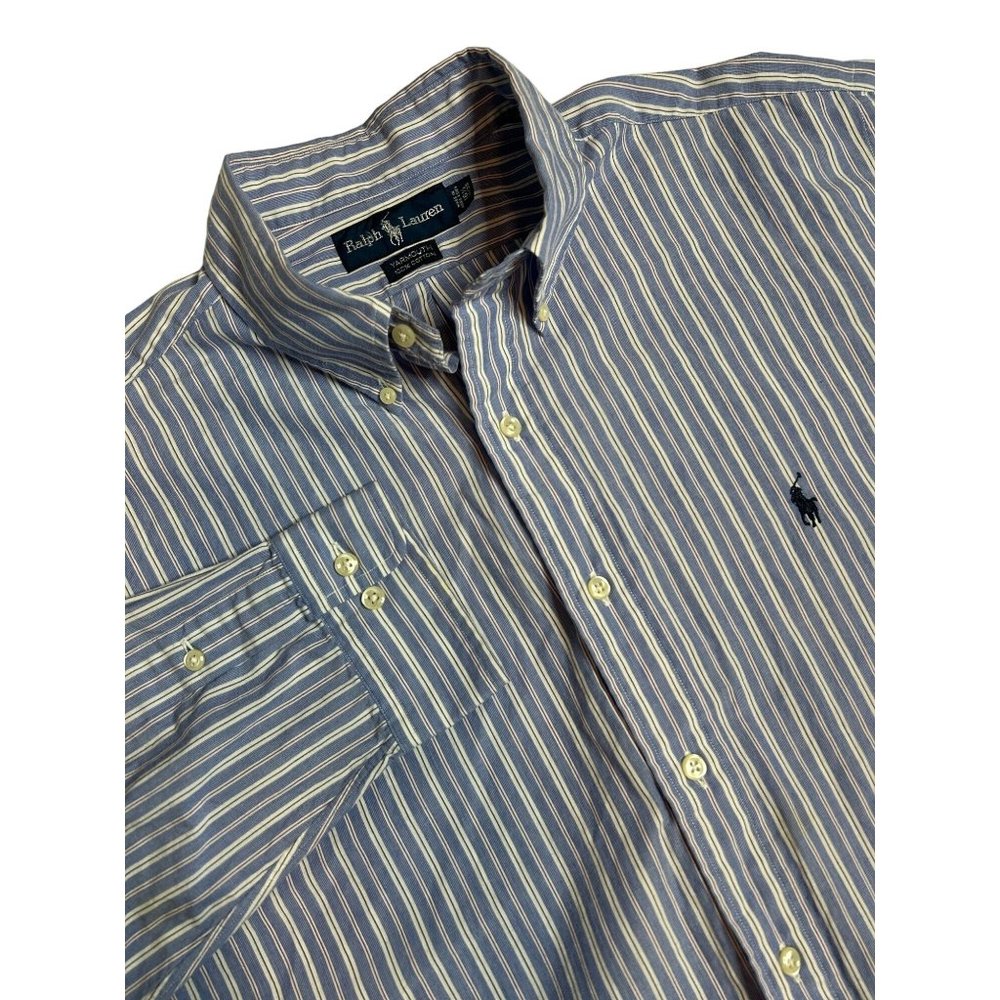 Ralph Lauren Mens Size 16.5 Yarmouth Blue Stipe Long Sleeve Button‎ Down Shirt